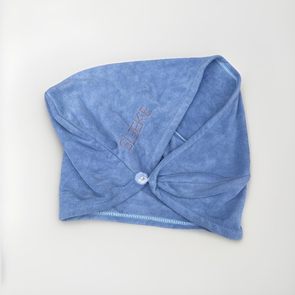 Sleeke Microfiber Hair Drying Towel Wrap Blue Quick Dry Button Cap Soft